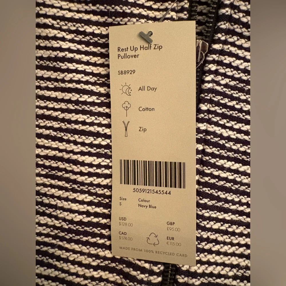 Sweaty Betty Rest Up Half Zip Pullover Small NWT Navy Blue White Stripe Pattern - Picture 10 of 16